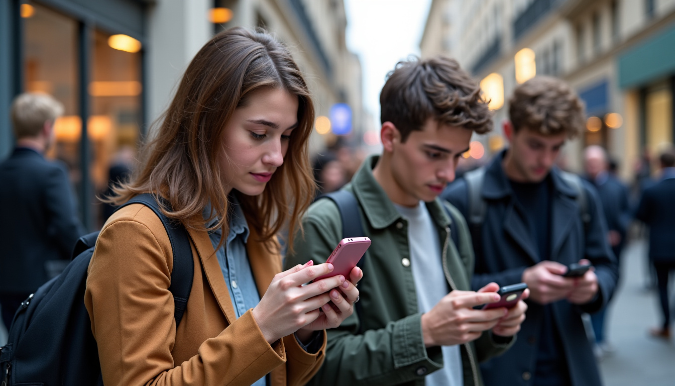 Groupe de jeunes adultes de la génération Z utilisant leurs smartphones dans un espace public, illustrant leur hyperconnexion et leurs interactions numériques au quotidien