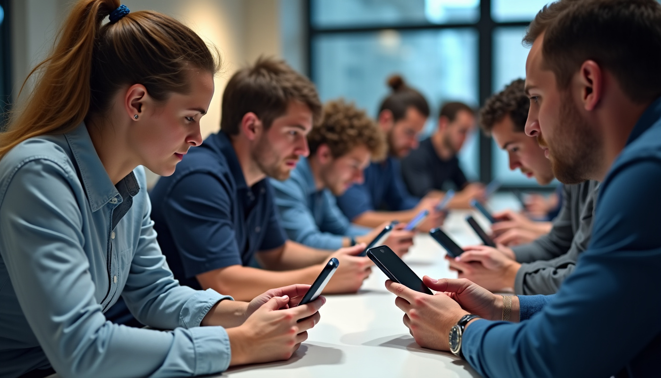 Groupe de joueurs concentrés devant leurs téléphones lors d