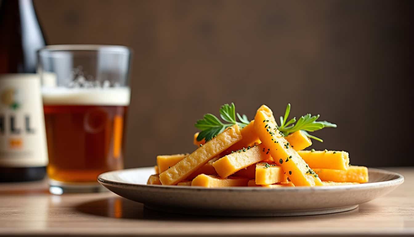 Plat de fromages avec herbes, bière artisanale en arrière-plan, ambiance chaleureuse.