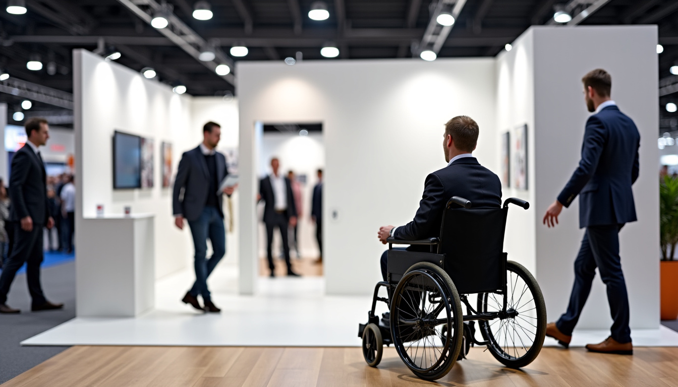 Personne en fauteuil roulant accédant à un stand à la Foire de Lille 2026, assistance présente et espace adapté visible