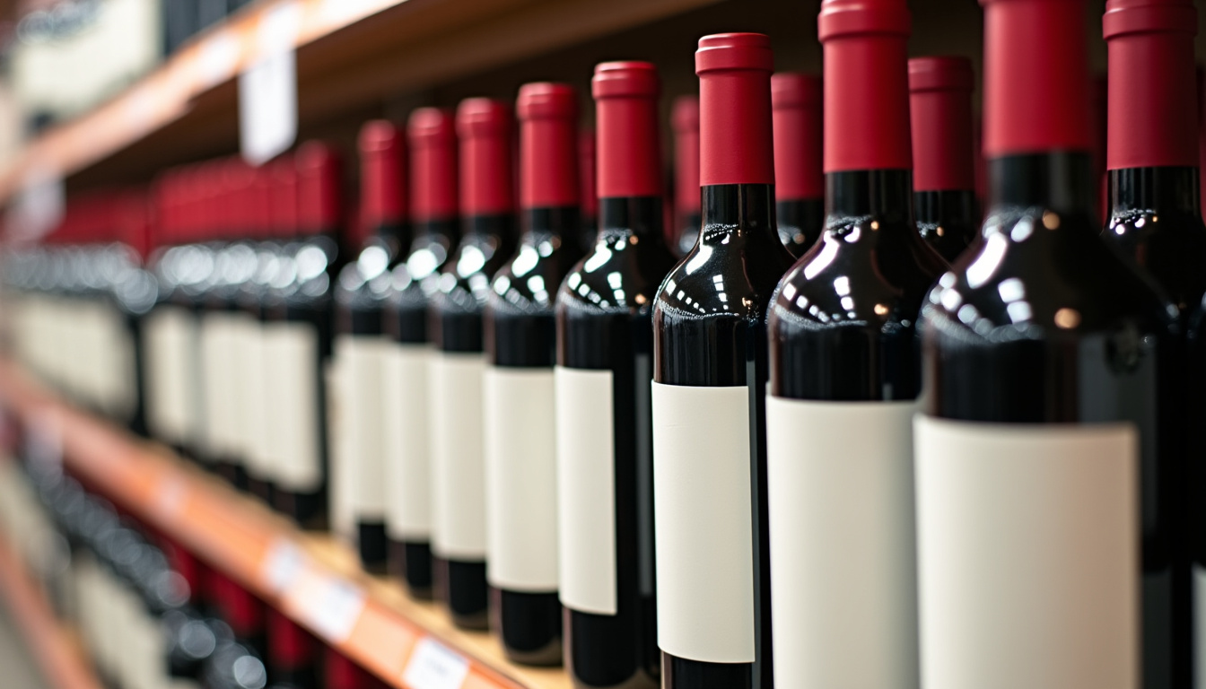 Rayon de bouteilles de vin en promotion dans un hypermarché Auchan pendant la foire aux vins