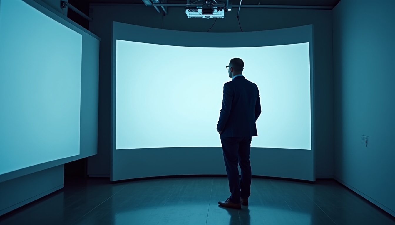 Technicien effectuant un test de calibration sur un vidéoprojecteur en laboratoire, avec capteurs et écran de mesure
