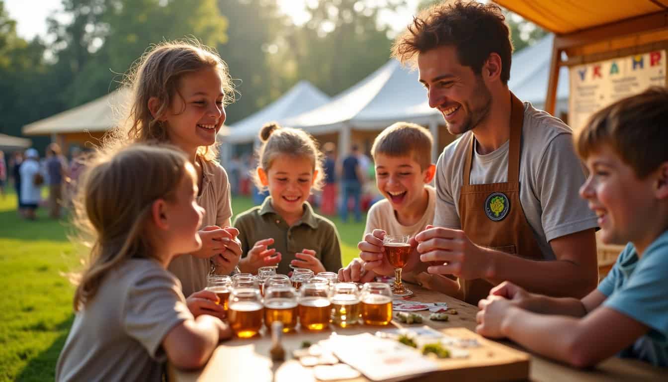 Atelier de découverte du brassage de bière pour enfants lors des Houblonnades, avec matériel pédagogique et animateur souriant