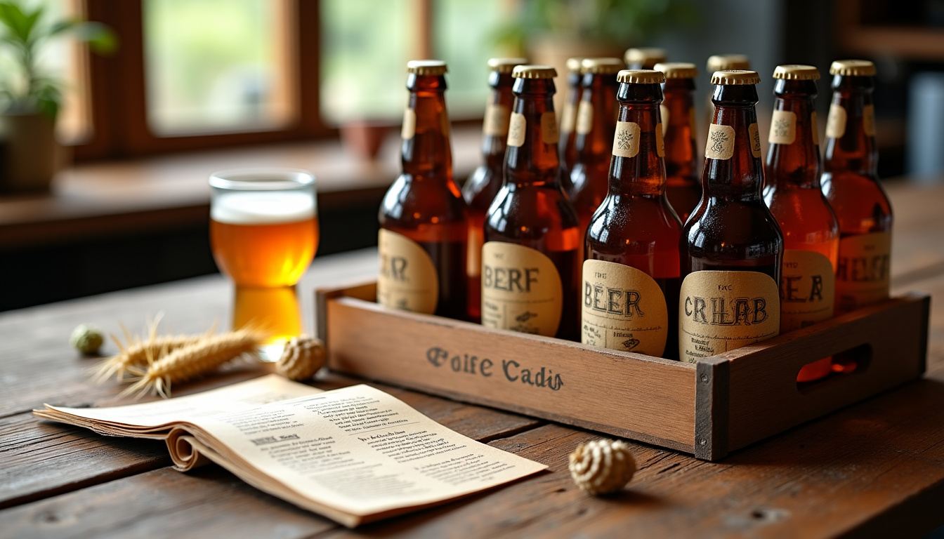 Box de bières artisanales ouverte sur une table, montrant plusieurs bouteilles et un livret explicatif