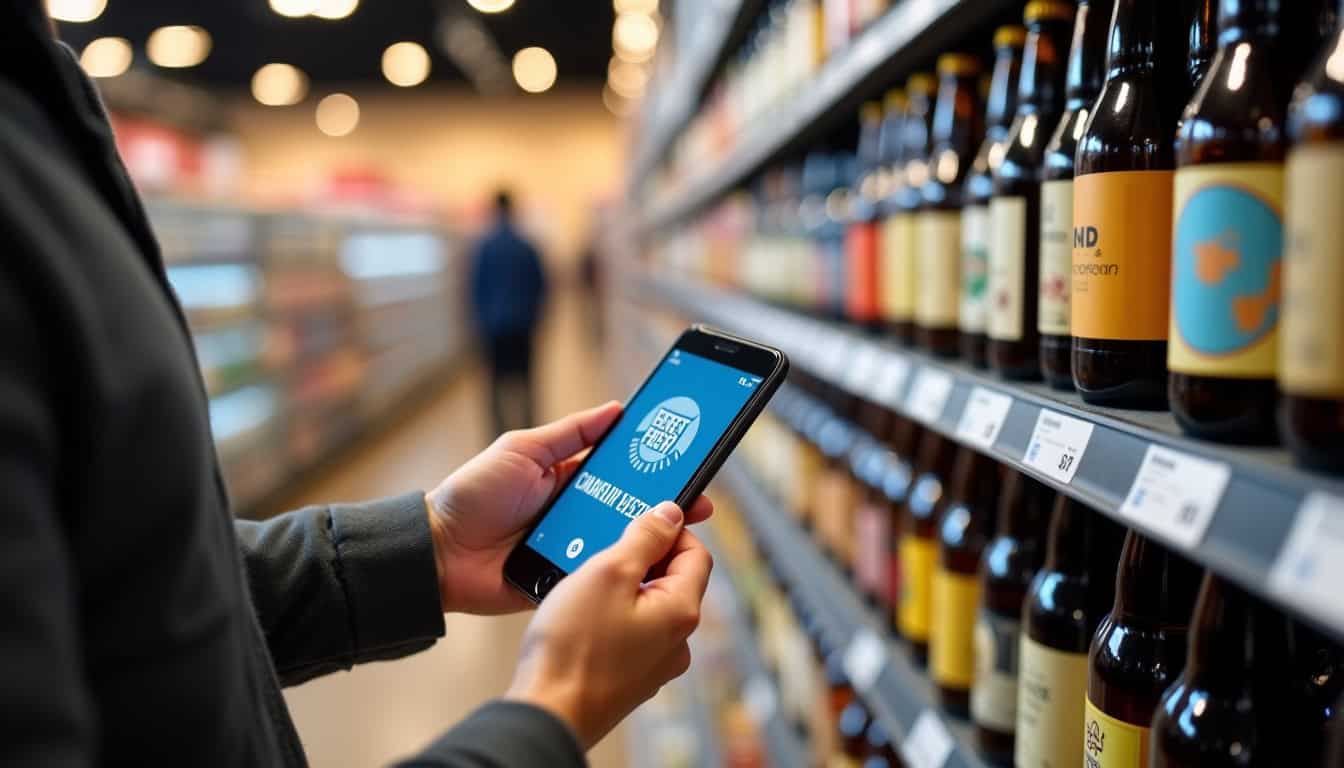 Client en train de consulter le catalogue digital de la foire à la bière sur son smartphone, devant le rayon bières
