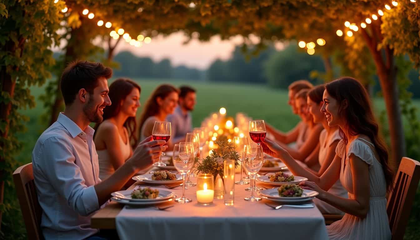 Dîner gastronomique en plein air lors des Houblonnades, avec nappes blanches, bougies et convives en tenue élégante