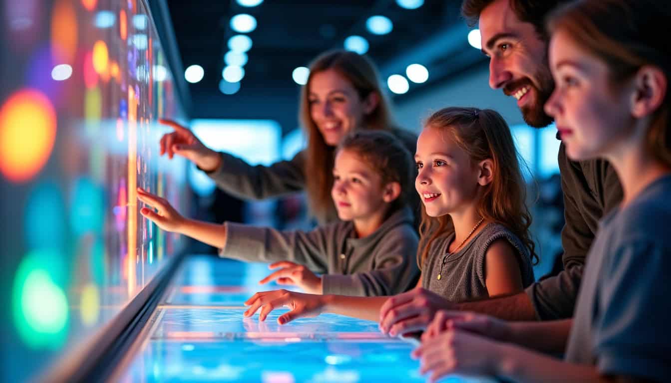 Famille visitant un stand pédagogique lors de la Foire de Toulouse au MEETT