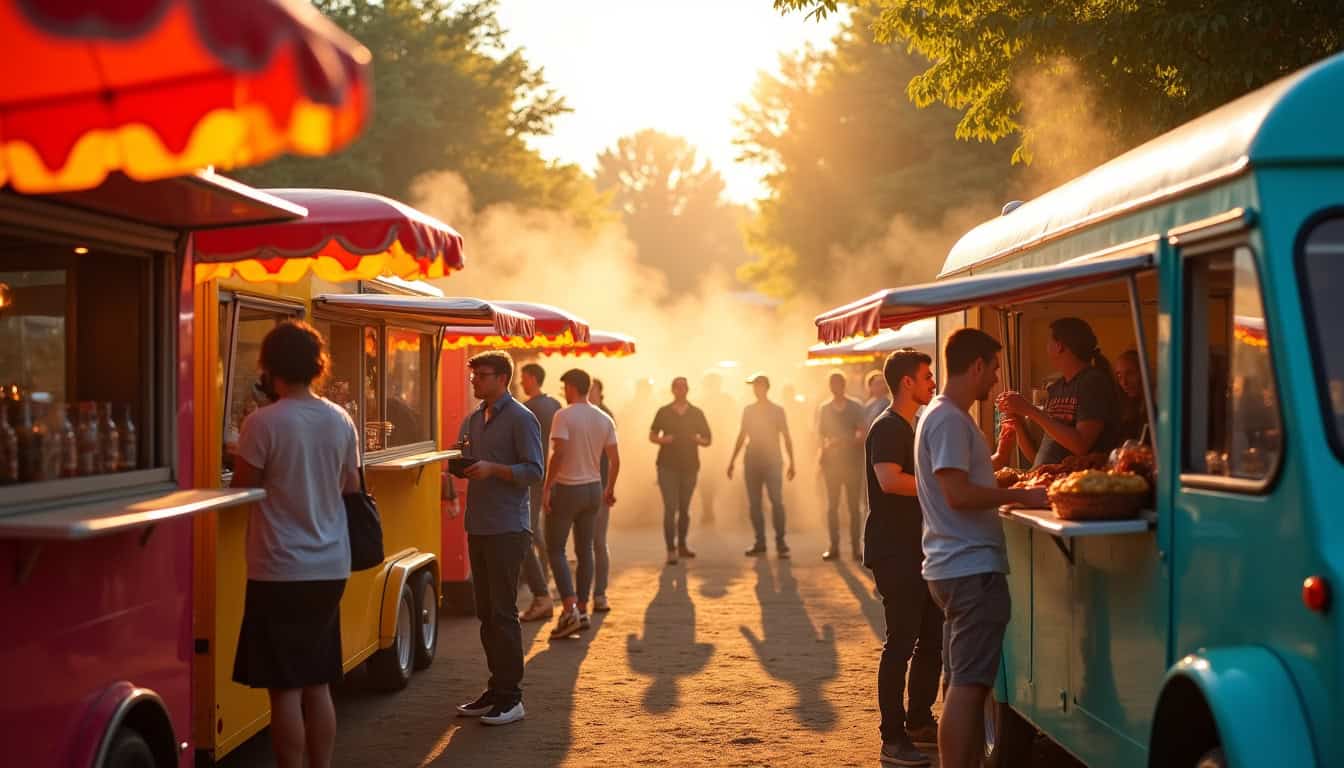 Food trucks colorés en plein service lors des Houblonnades , avec file d
