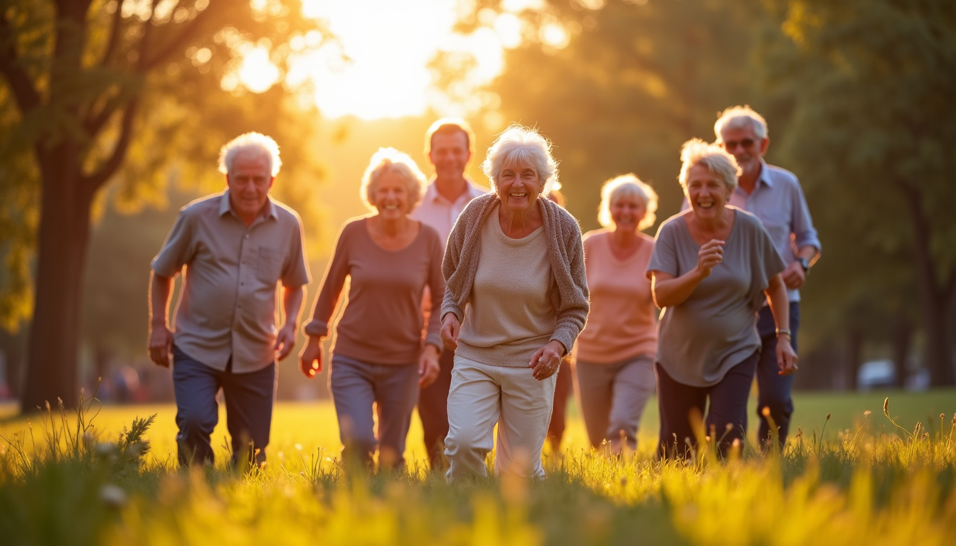 Groupe de seniors participant à une activité de loisir en extérieur, symbolisant l