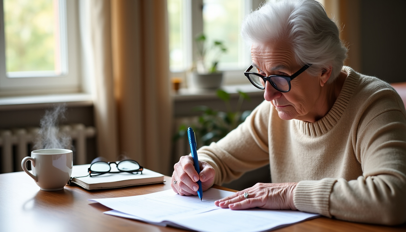 Personne âgée remplissant un formulaire administratif pour une aide liée au troisième âge