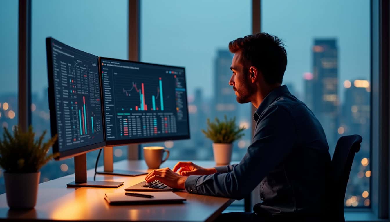 Photographie d’un média planner en train de travailler sur plusieurs écrans avec des données de performance et des graphiques