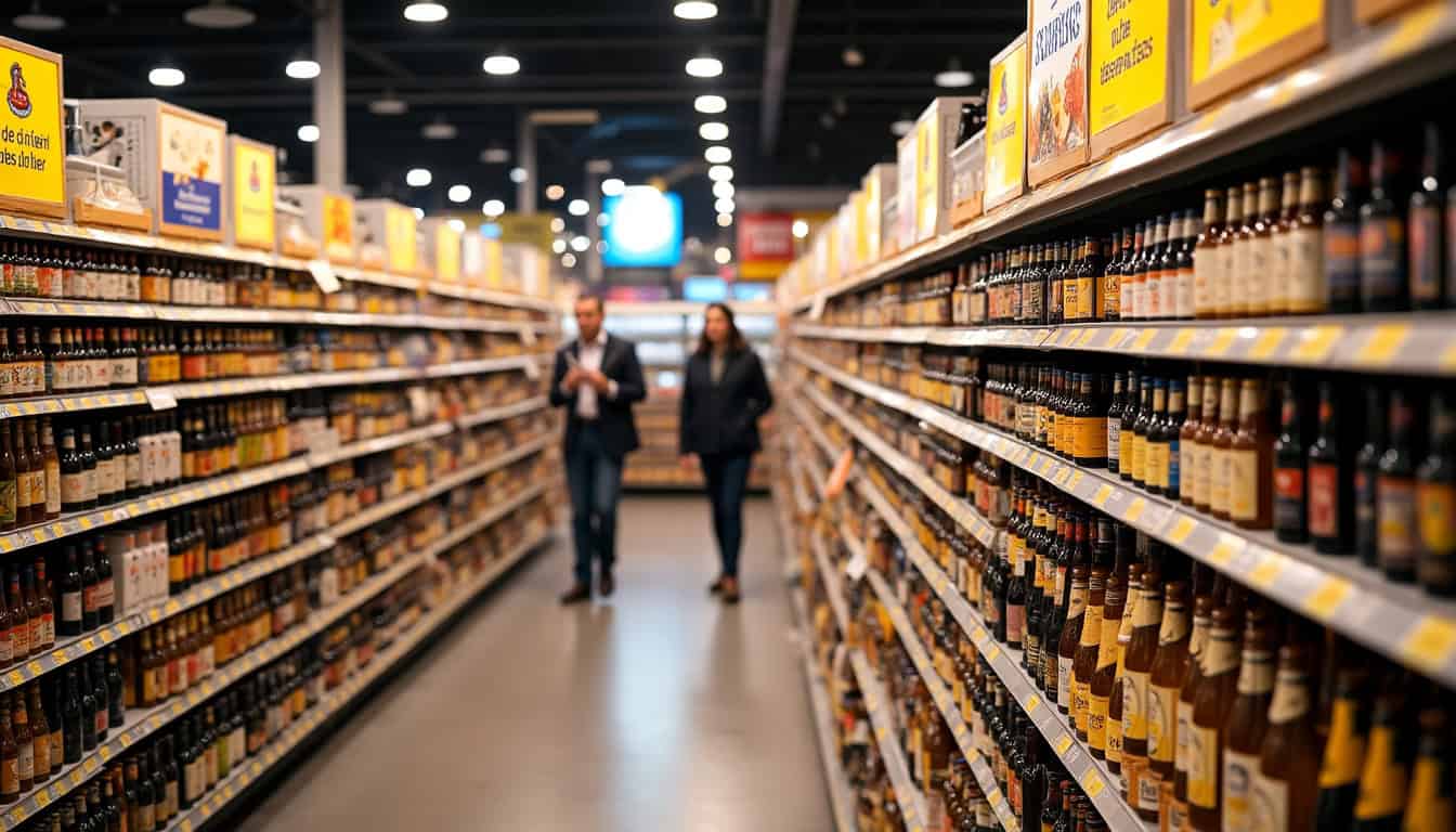 Présentation des bières exposées lors de la foire à la bière chez E.Leclerc, en rayon avec étiquettes et promotions visibles