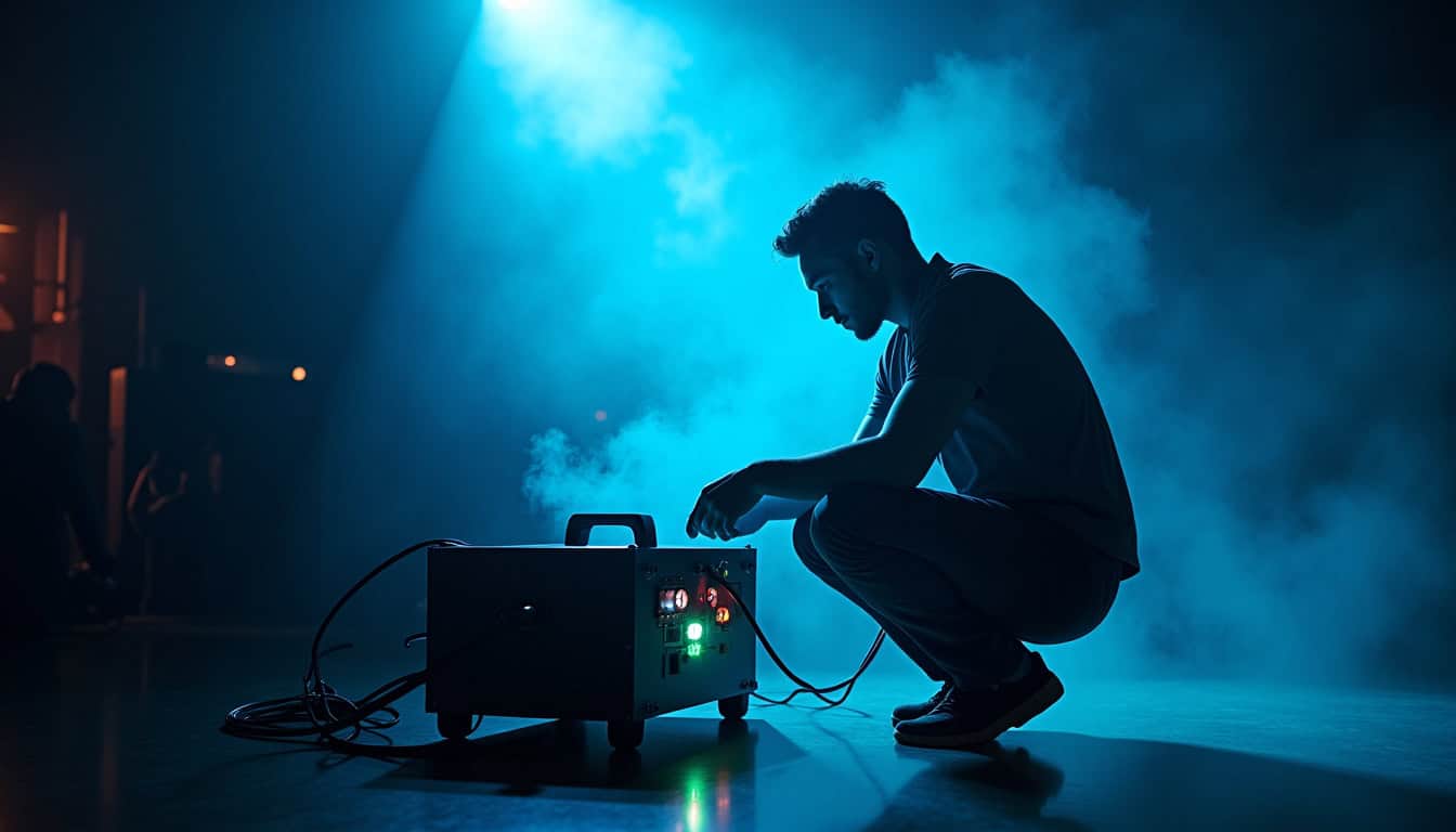 Technicien en train de préparer une machine à fumée pour un événement