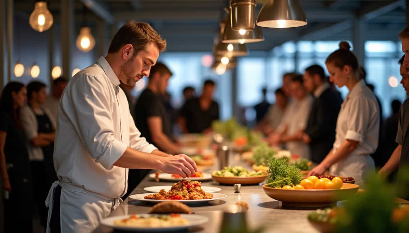 Un atelier de cuisine en direct lors de la Foire de Paris 2026, avec un chef préparant un plat devant un public attentif