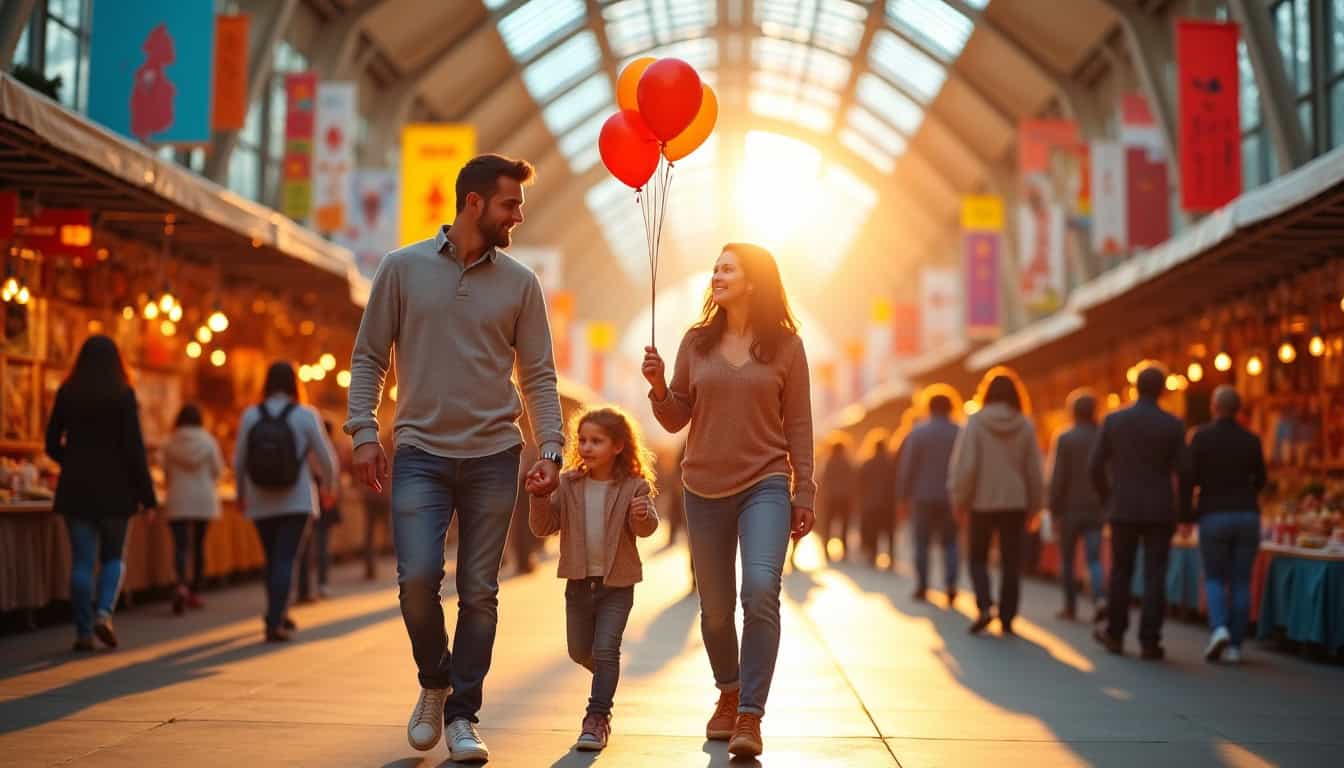Une famille visitant la Foire de Paris 2026, entourée d’exposants colorés et d’animations festives