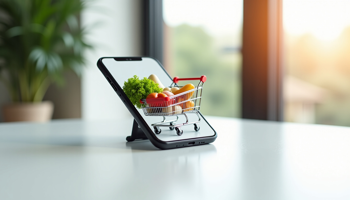 Client utilisant une application de supermarché sur son smartphone pour commander en ligne