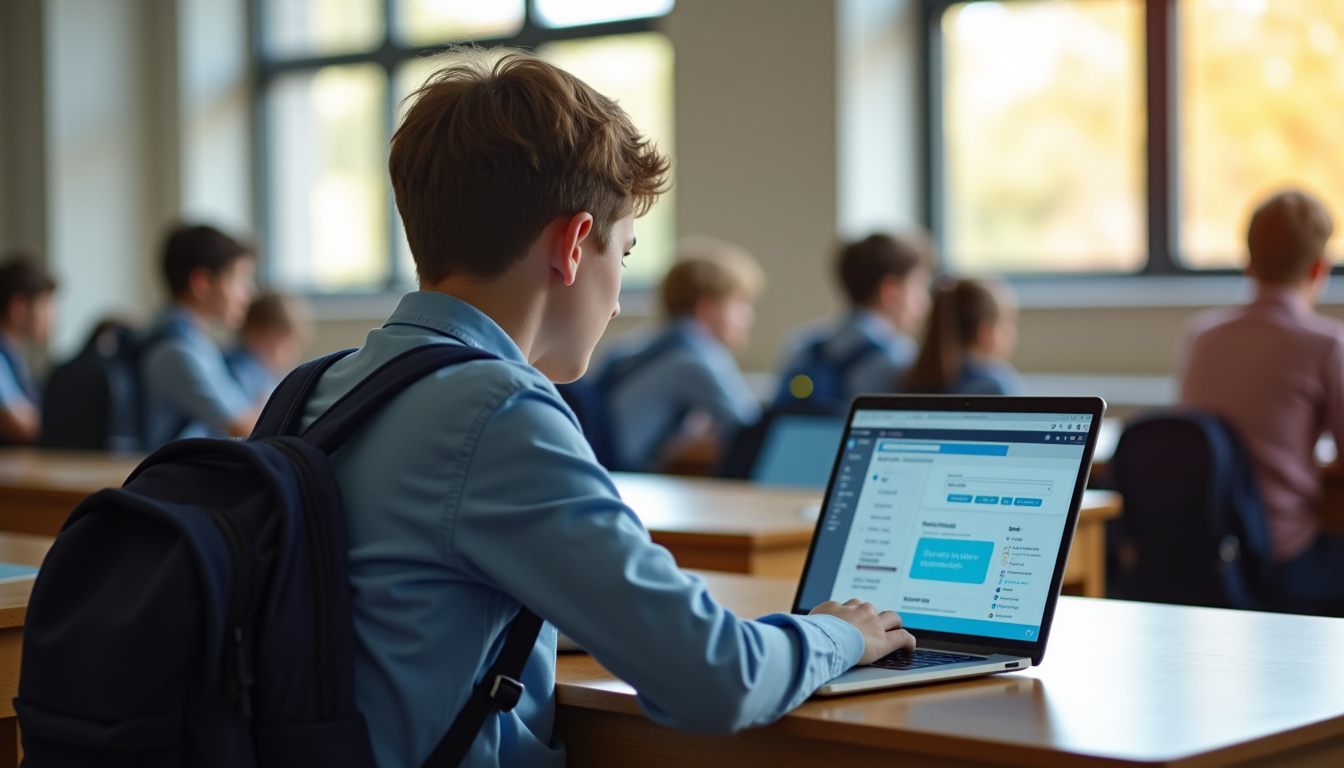 Élève utilisant un ordinateur portable dans un cadre scolaire avec interface d’un ENT privé