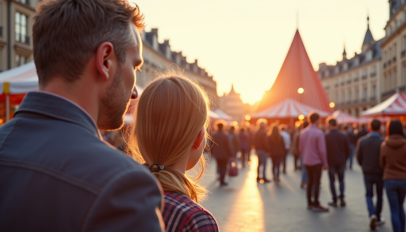 Entrée principale de la Foire du Trône avec famille en train de pénétrer sur le site