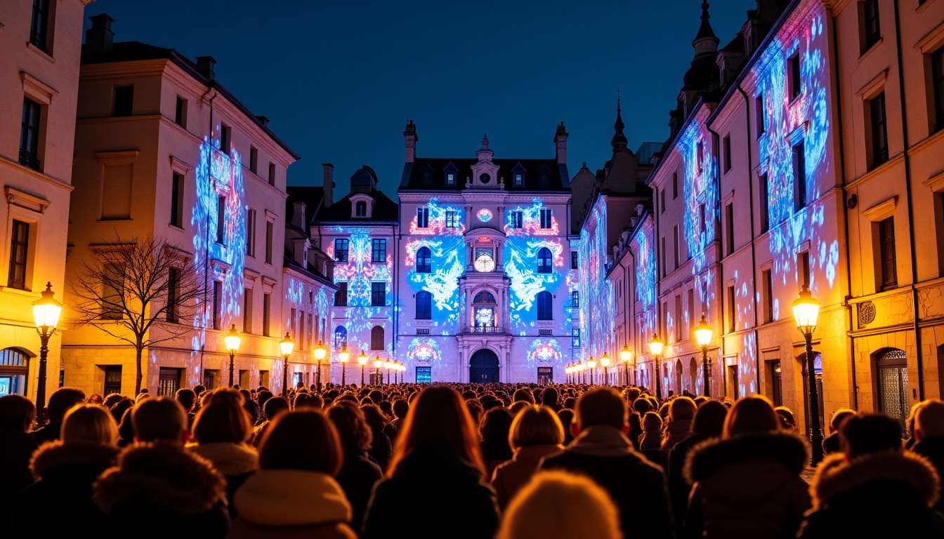 Fête des Lumières à Lyon avec des installations lumineuses sur les façades des bâtiments historiques