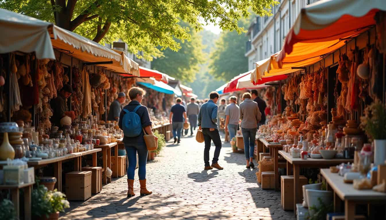 Foire à tout en plein air dans la rue de Montville, Seine-Maritime, avec des stands organisés le long de la chaussée
