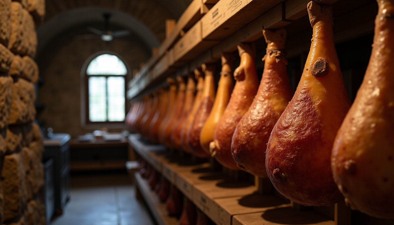 Salaison traditionnelle du jambon de Bayonne, montrant les jambons suspendus dans une cave d'affinage