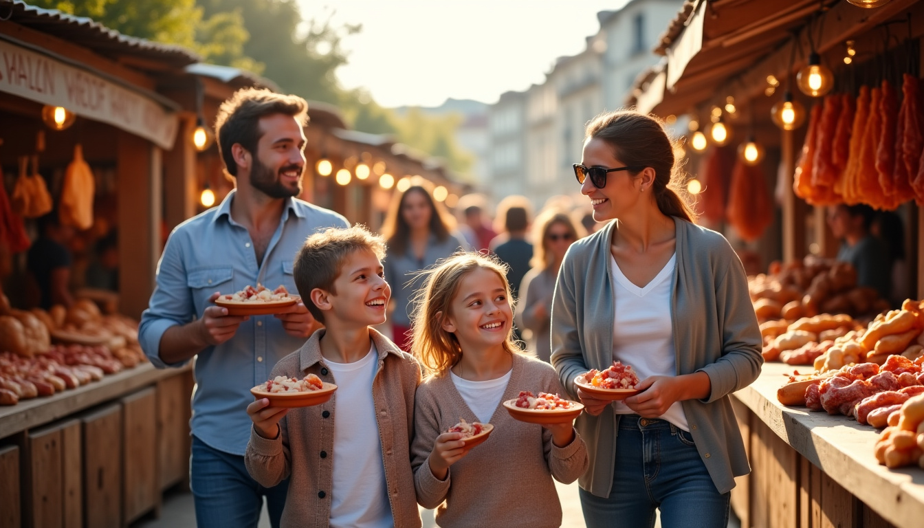 Famille visitant la Foire au jambon de Bayonne, découvrant les stands et dégustant des spécialités locales