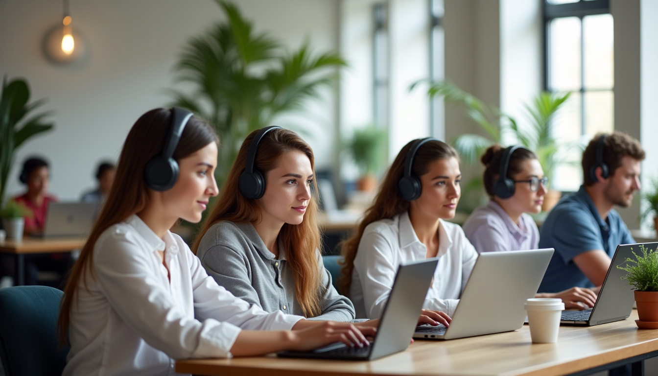 Jeunes adultes de la génération Z travaillant dans un espace de coworking moderne, utilisant ordinateurs portables et casques audio, illustrant leur mode de travail flexible et connecté