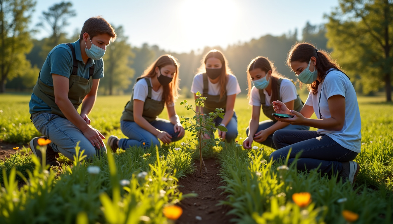 Groupe de jeunes de la génération Z participant à un projet écologique en plein air, plantant des arbres et utilisant des tablettes pour documenter leur action, illustrant leur engagement environnemental et leur utilisation du numérique pour le bien commun
