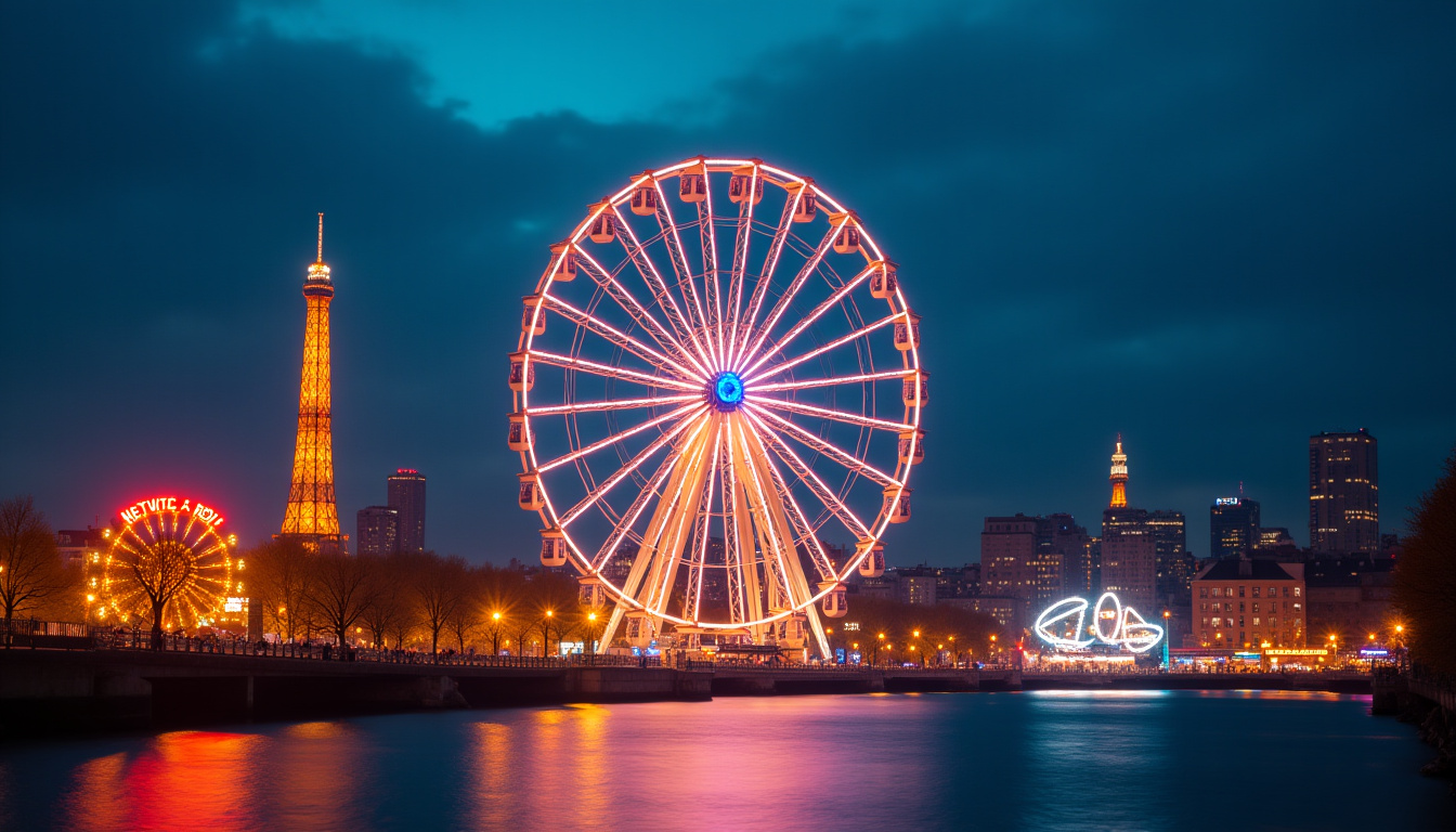 Grande roue illuminée de la Foire du Trône vue de nuit