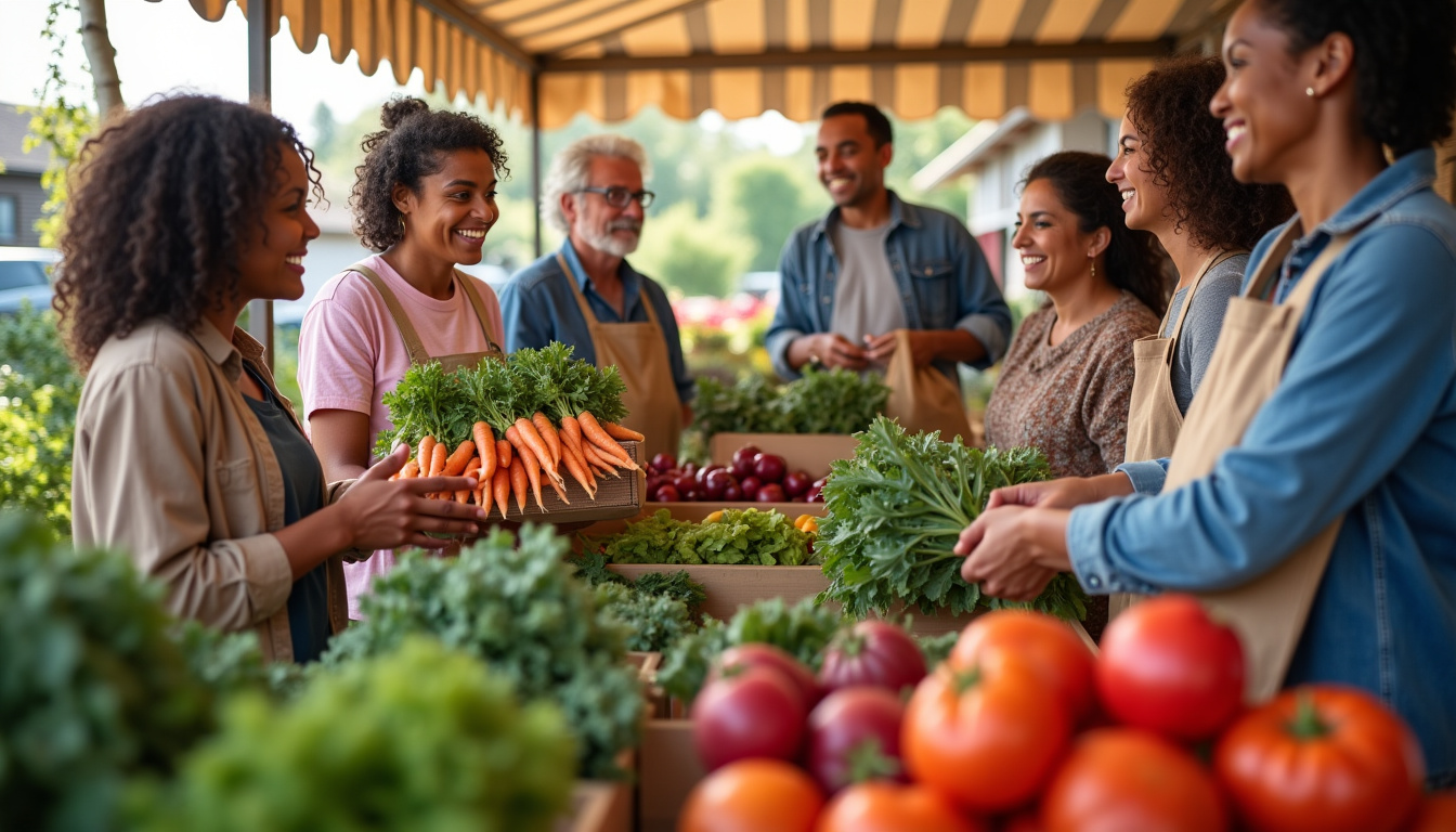Groupe de consommateurs récupérant leurs paniers de légumes dans une AMAP