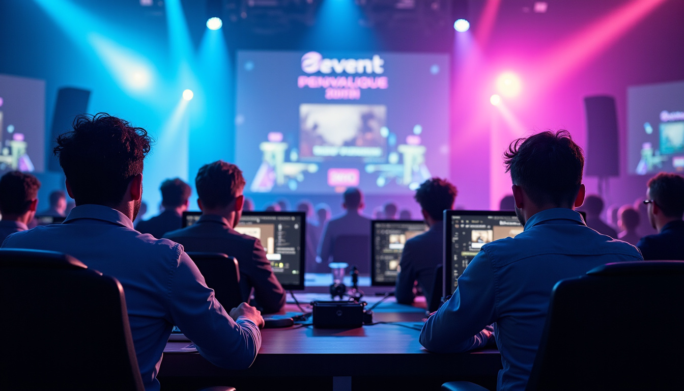 Groupe de streamers en direct sur scène lors du Z Event à Montpellier, entourés de caméras et de techniciens