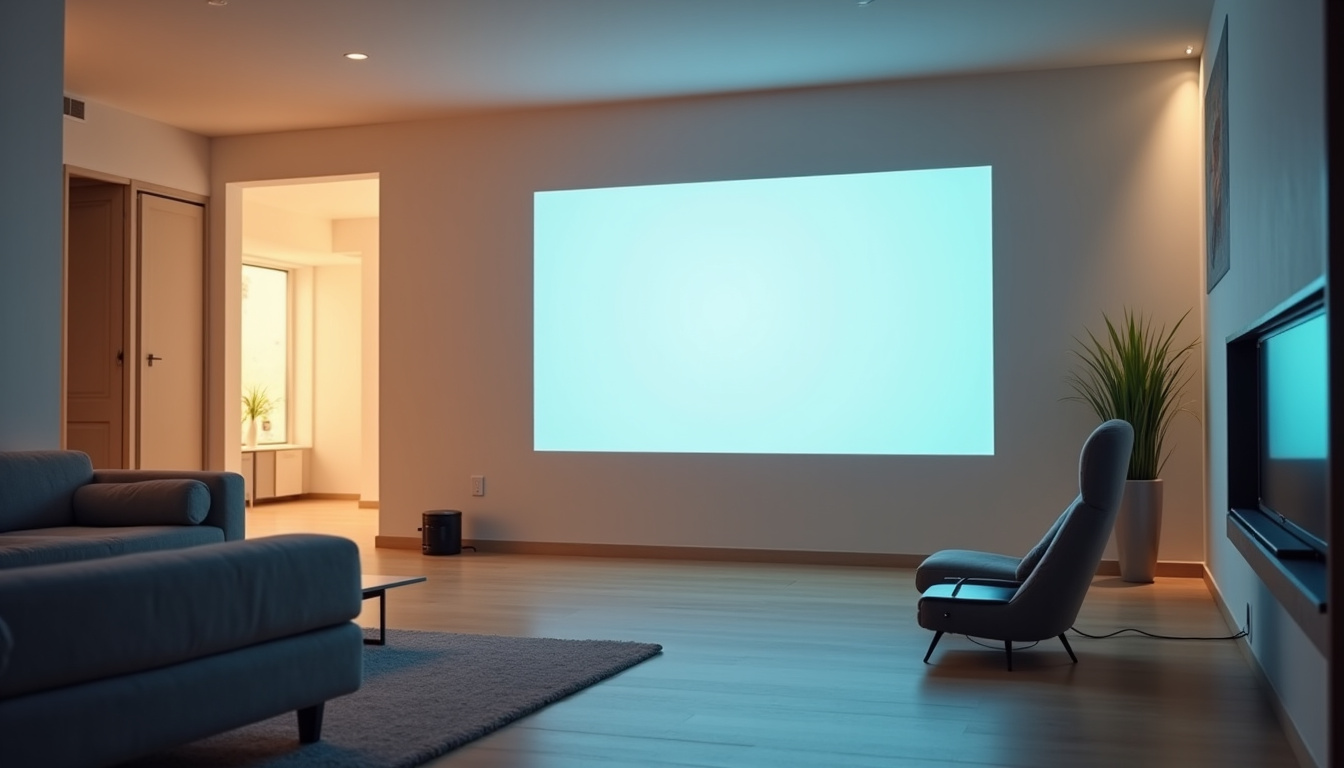Installation d’un rétroprojecteur UST avec écran au sol dans un salon moderne