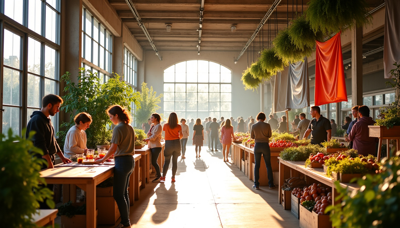 Intérieur des Halles de la Transition à Toulouse avec ateliers zéro déchet, marché bio et famille en activité