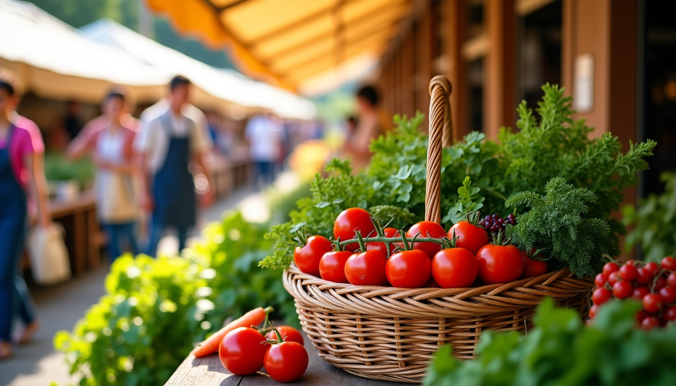 Panier rempli de produits locaux et de saison sur un marché