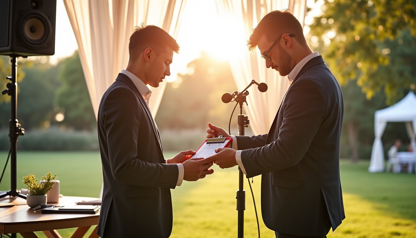 Préparation minutieuse de la sonorisation pour un mariage en extérieur