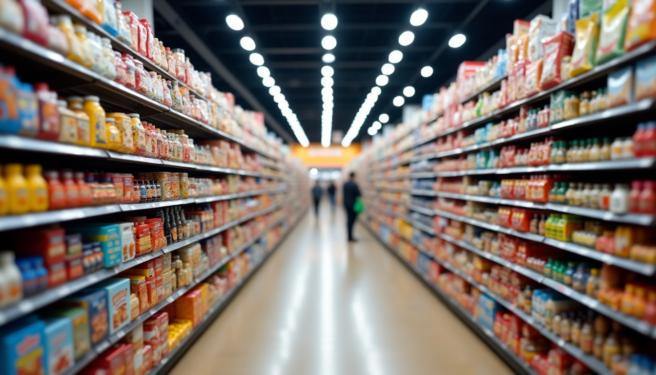 Rayons d’un hypermarché, d’un supermarché et d’un magasin de proximité montrant les différences de surface et d’assortiment