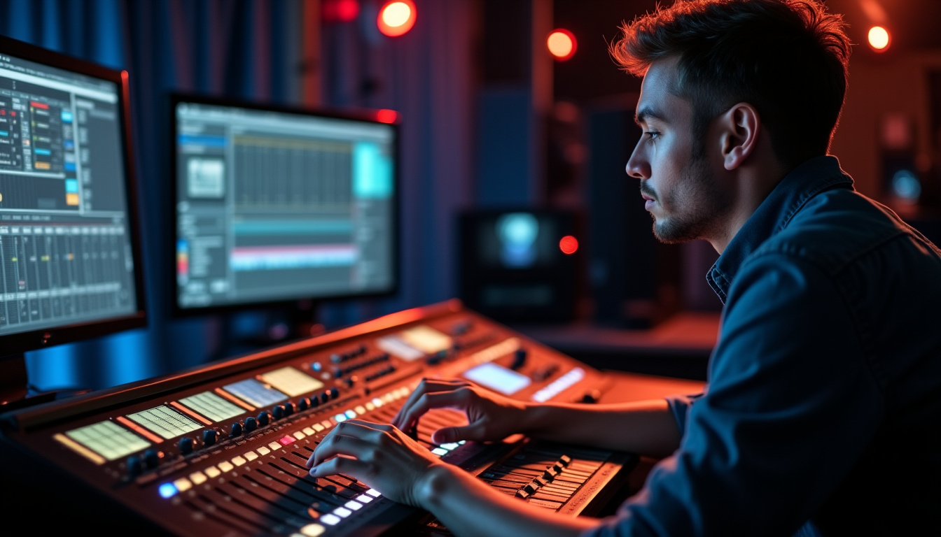 Technicien professionnel en train de régler une console de mixage numérique lors d