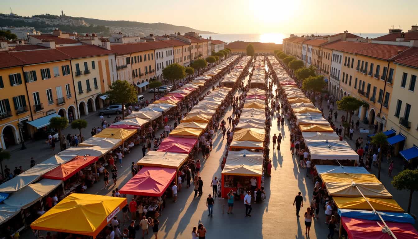 Vue aérienne de la Place Saint-Nicolas à Bastia pendant le festival, avec stands colorés et public nombreux