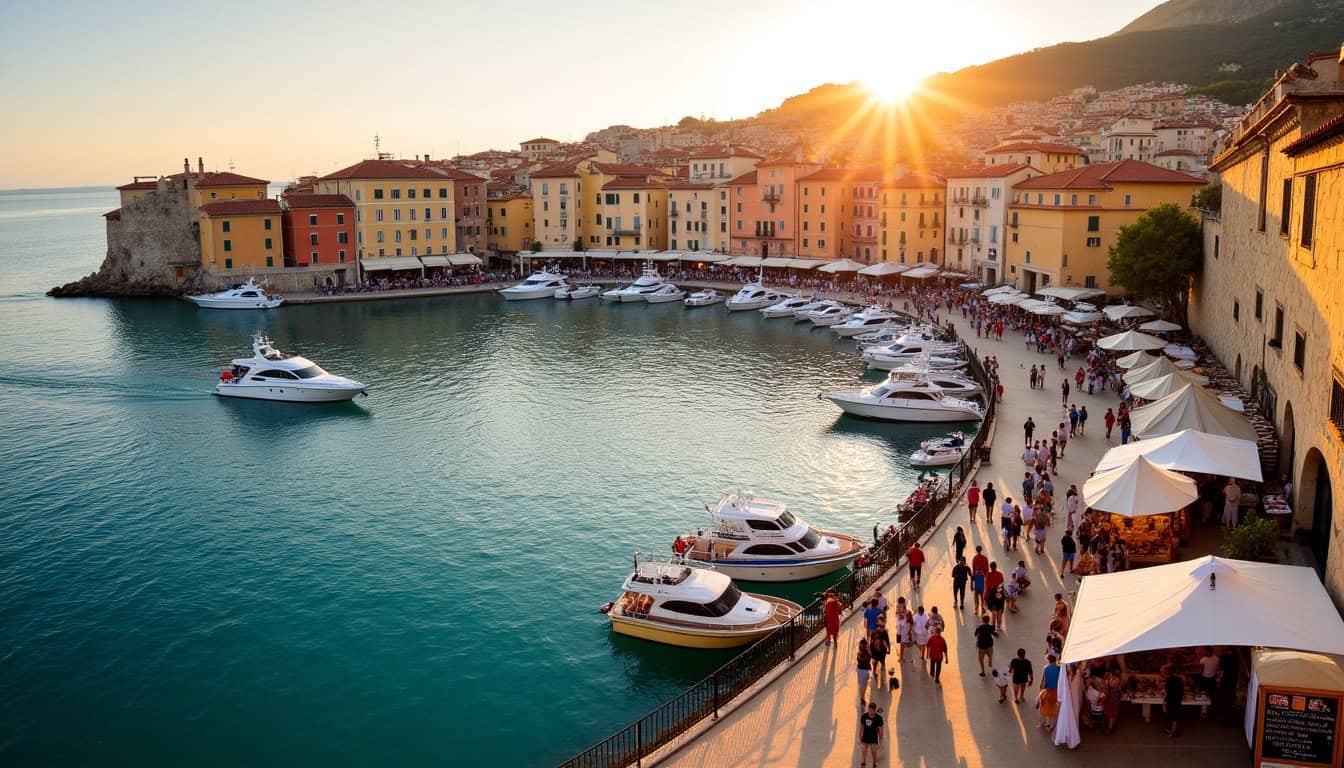 Vue du vieux port de Bastia en arrière-plan du festival, avec bateaux et architecture typique