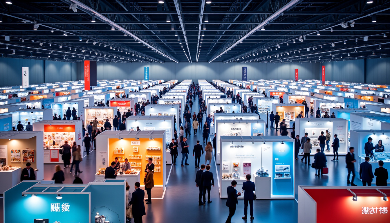 Vue intérieure du hall d’exposition avec plusieurs stands montés pendant la Foire de Caen
