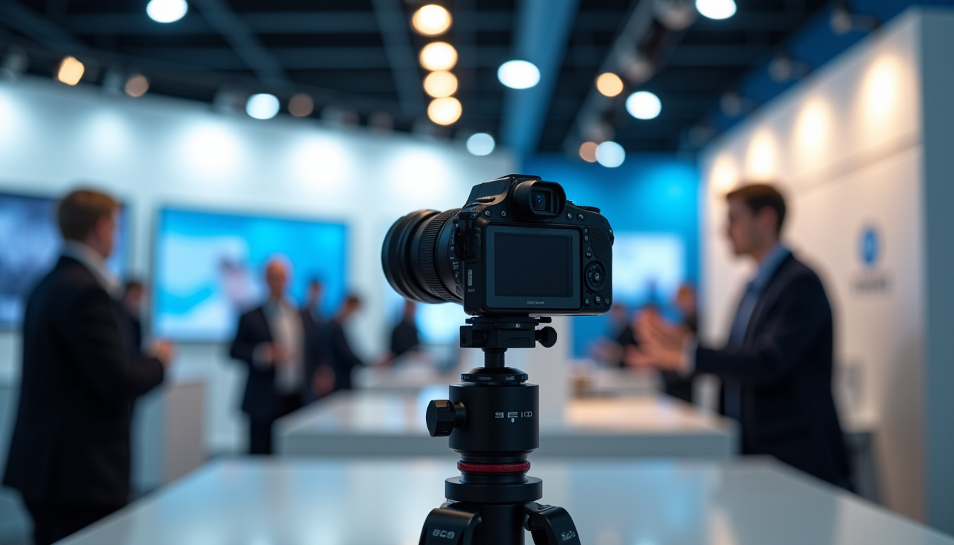 Caméra compacte en train de filmer une personne dans un stand de salon professionnel