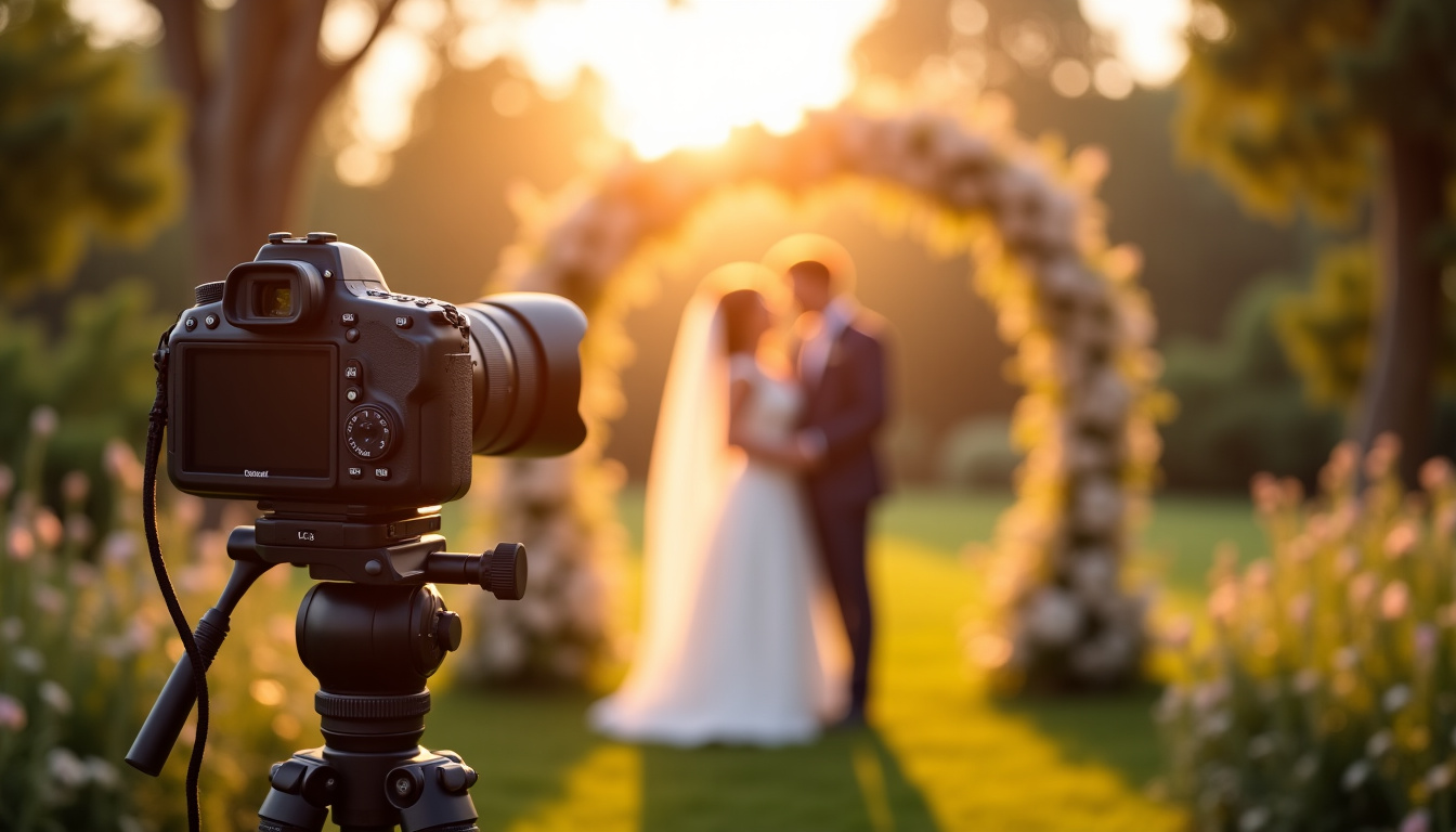 Caméra en train de filmer un mariage en extérieur avec un objectif zoom