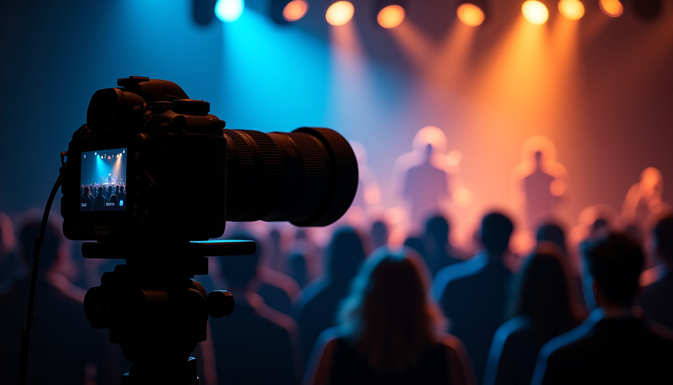Caméra professionnelle en train de filmer un concert dans une salle sombre